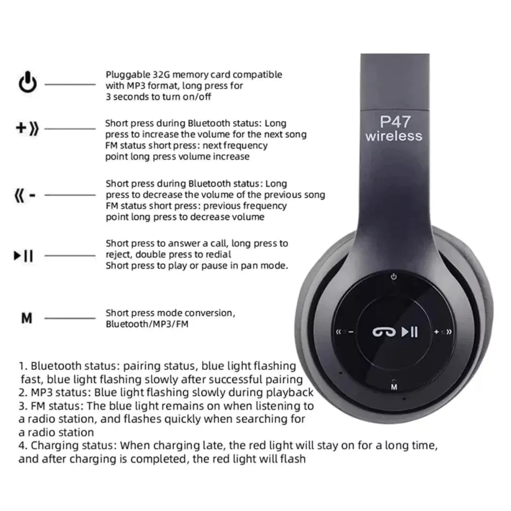 Wireless Bluetooth 5.0 Headphones Headset Over-Ear FM Radio MIC Foldable TF Card PhoneFiestas