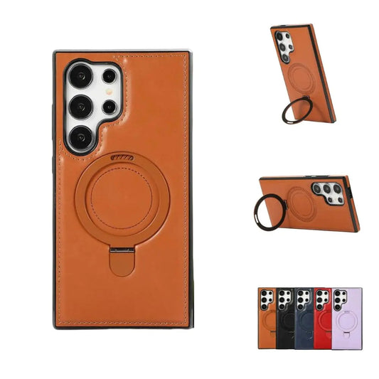Leather Case Compatible with Samsung Luxury Leather Case with Metal Magnetic Stand Protective Cover (for Samsung S22-S24 Series) (for Samsung S22Brown) PhoneFiestas