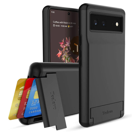 Teelevo Dual Layer Wallet Case for Google Pixel 6 Protective Case with 3-Card Storage for Google Pixel 6 - Black PhoneFiestas