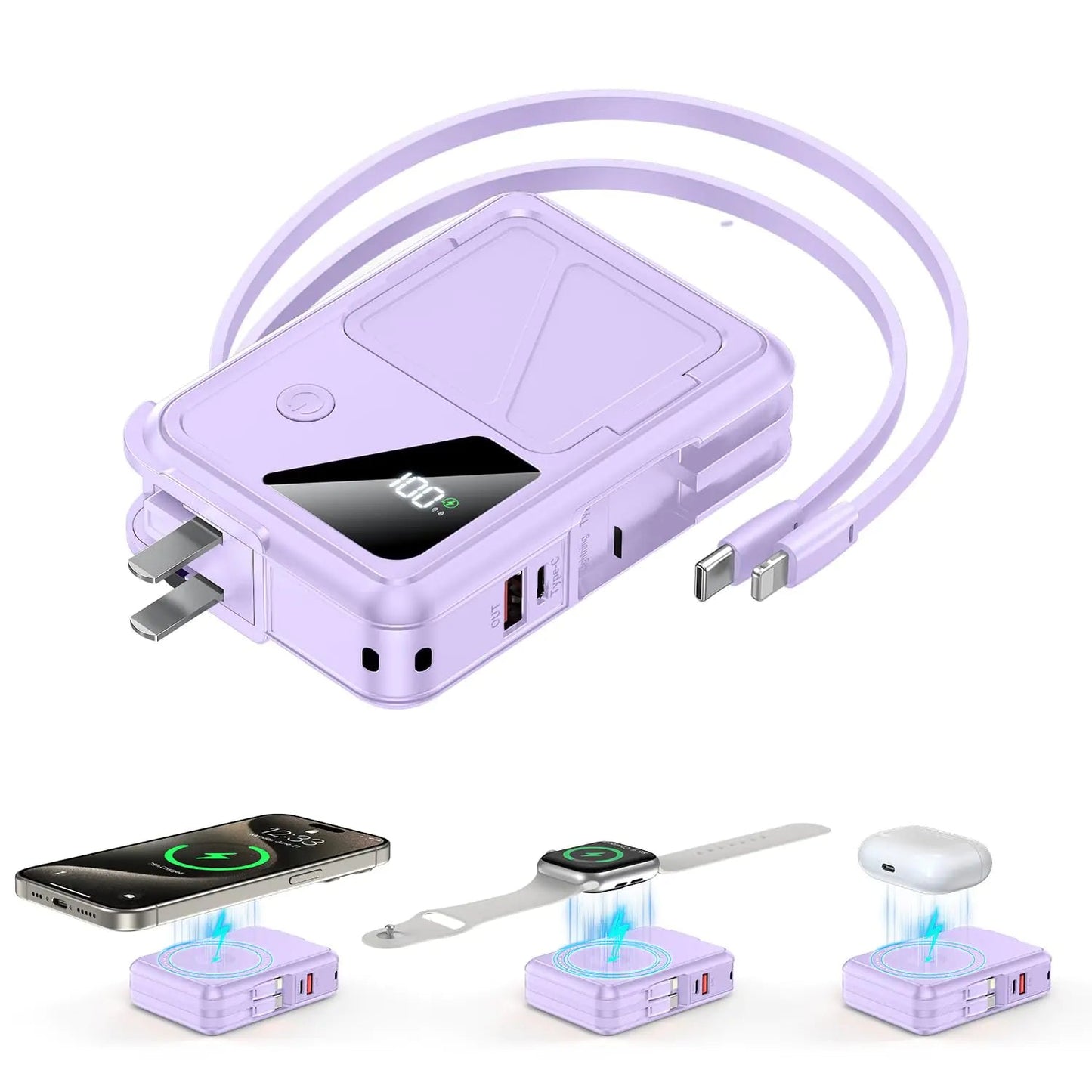 3-in-1 Magnetic Wireless Power Bank – 10000mAh Fast Charging with Built-in Cables & AC Plug PhoneFiestas