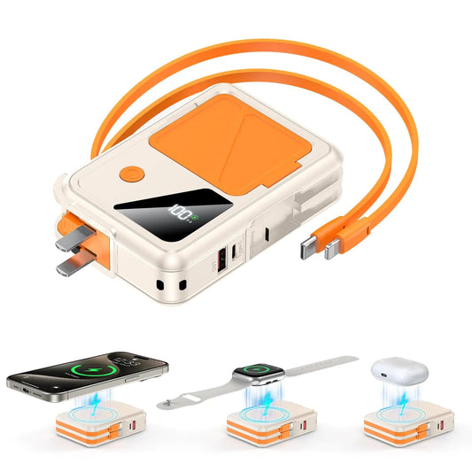 Wireless Portable Charger,3-in-1 Magnetic Power Bank 10000mAh Built in Cables and AC Plug,22.5W Fast Charging Mag-Safe Battery Pack,Compatible with iPhone 15/14/13/12,Apple Watch Series,Airpods PhoneFiestas