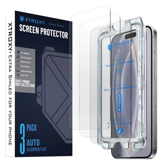 XTROXY 3 Pack Screen Protectors for iPhone 16 Pro Max 9H+ Hardness Durable Tempered Glass Anti-Fingerprint Auto-Align Installation Bubble & Dust-Free PhoneFiestas