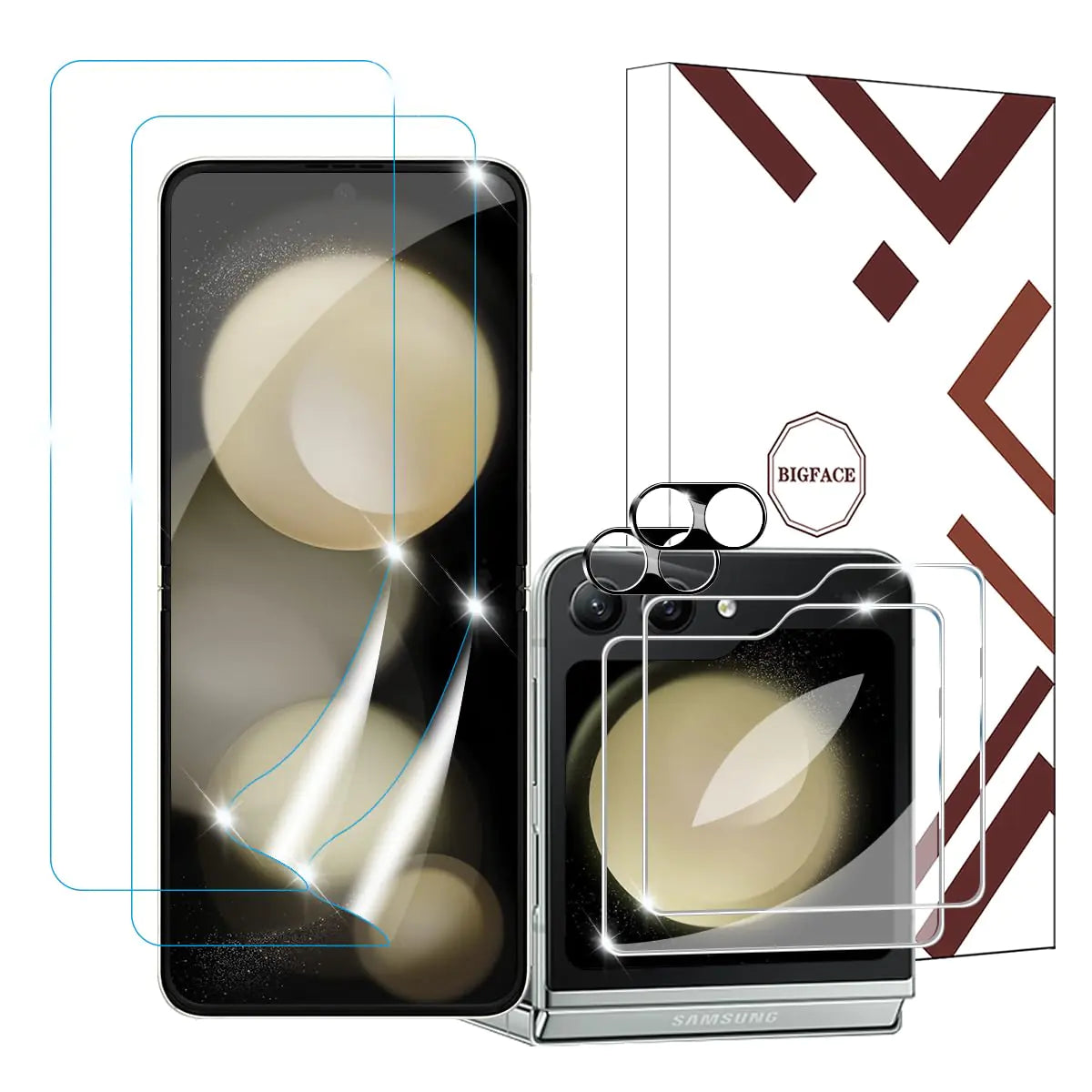 BIGFACE 6-in-1 Screen Protector Set for Samsung Galaxy Z Flip 5 – 2 EPU Front Films, 2 Tempered Glass Back Covers, 2 Camera Lens Protectors PhoneFiestas