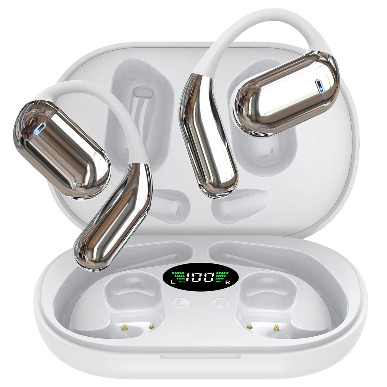 EUQQ Open Ear Bluetooth 5.4 Headphones Wireless Earbuds Sport Over Earphones Built-in Mic with Ear Hooks 50H Playtime Ear Buds LED Display Charging Case PhoneFiestas
