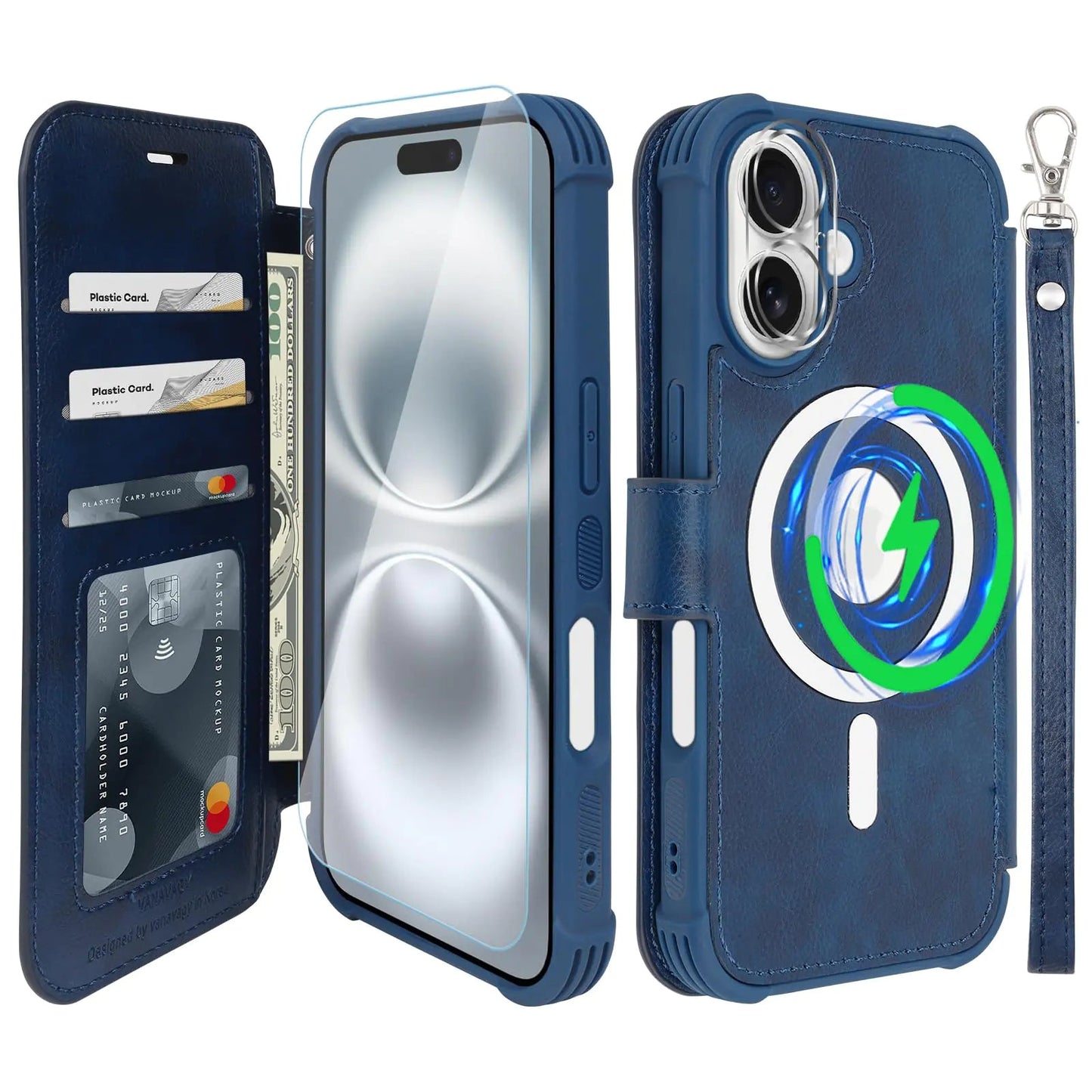 VANAVAGY Compatible for iPhone 16 Wallet Case for Magsafe Wireless ChargingLeather Flip Folio Wrist [Glass Screen Protectors & Camera Lens Protectors] with RFID Block Card HolderNavy Blue PhoneFiestas