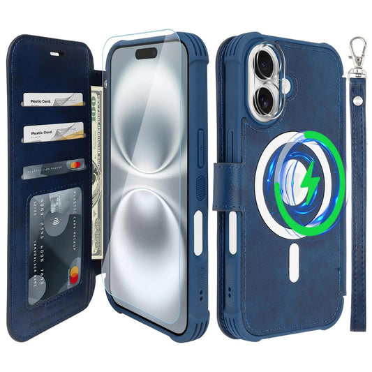 VANAVAGY Compatible for iPhone 16 Wallet Case for Magsafe Wireless ChargingLeather Flip Folio Wrist [Glass Screen Protectors & Camera Lens Protectors] with RFID Block Card HolderNavy Blue PhoneFiestas