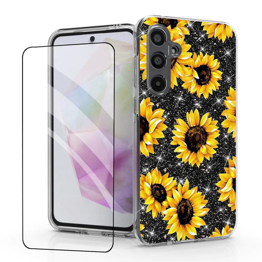 DDTKZC for Samsung Galaxy A35 5G Case，Samsung A35 5G Phone Case Tempered Glass Protector Lustre Pattern-Double Layer Sparkle Clear Shockproof Case for Samsung A35 5G (Yellow) PhoneFiestas