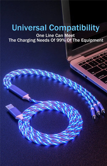 3 in 1 LED Light Glowing Charging Cable 3A Micro USB C Type C