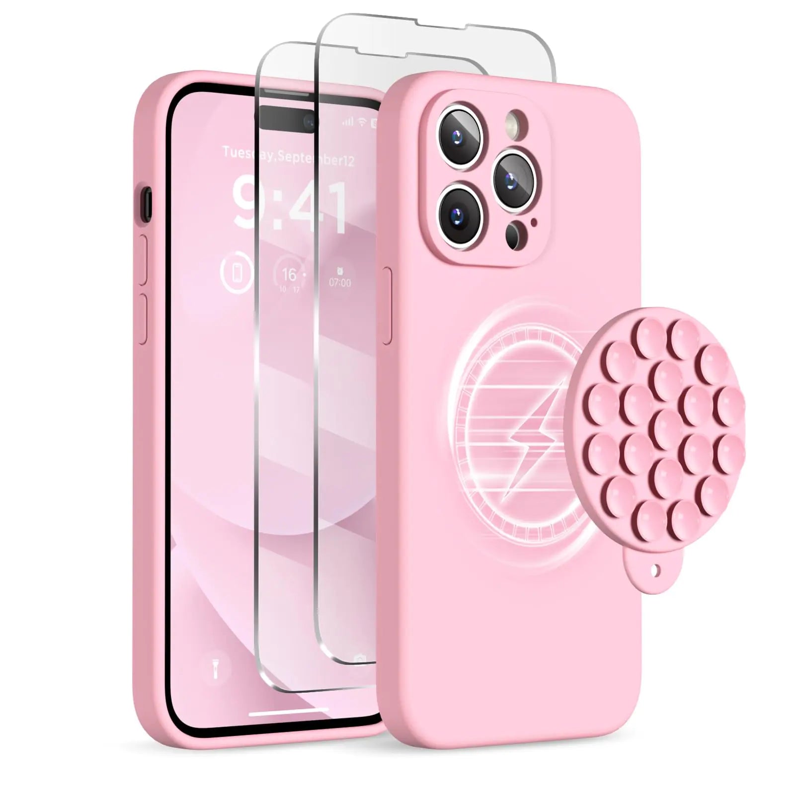 Magnetic for iPhone 14 Pro Max Case, Compatible with MagSafe, [Full Camera Protection][2 Screen Protectors], Suction Cup Phone Mount Silicone Shockproof Protective Phone Case 6.7", Stone PhoneFiestas