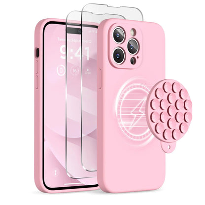 Magnetic for iPhone 14 Pro Max Case, Compatible with MagSafe, [Full Camera Protection][2 Screen Protectors], Suction Cup Phone Mount Silicone Shockproof Protective Phone Case 6.7", Stone PhoneFiestas