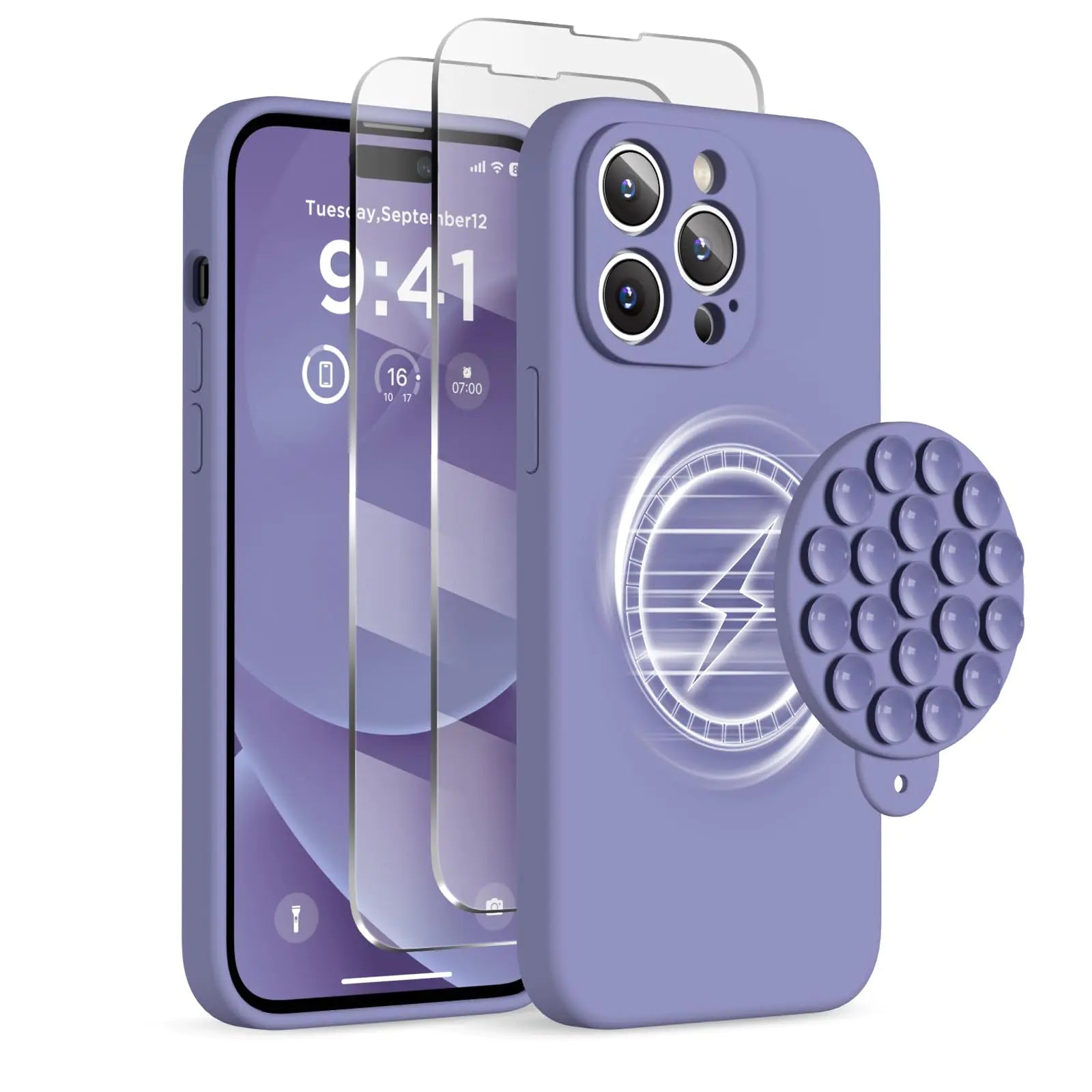 Magnetic for iPhone 14 Pro Max Case, Compatible with MagSafe, [Full Camera Protection][2 Screen Protectors], Suction Cup Phone Mount Silicone Shockproof Protective Phone Case 6.7", Stone PhoneFiestas