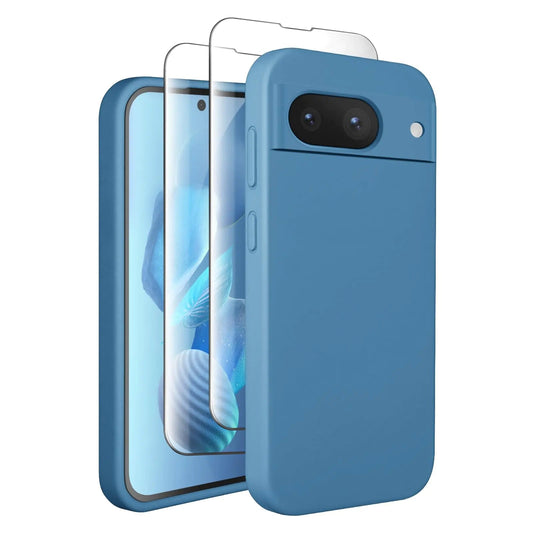 SUW for Google Pixel 8 Case with 2 Screen Protectors[Full Camera Protection]Soft Anti-Scratch Microfiber Lining InsideSilicone Shockproof Protective Phone Case for Google Pixel 8Blue PhoneFiestas
