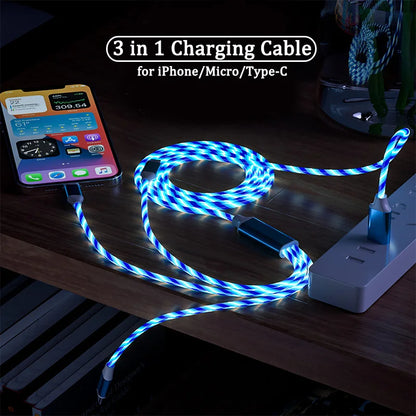 3 in 1 LED Light Glowing Charging Cable 3A Micro USB C Type C