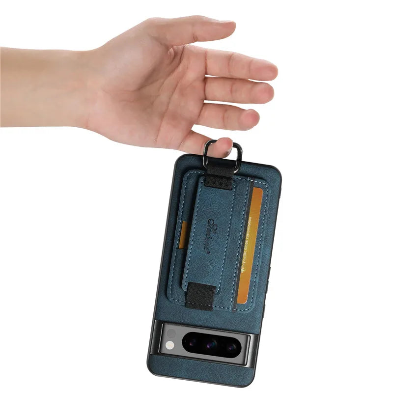 EUCAGR Luxury Leather Wallet Case with Wrist Strap for Google Pixel