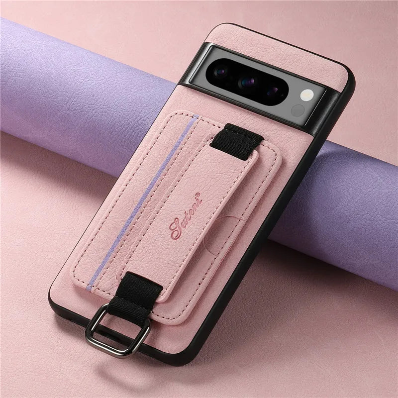 EUCAGR Luxury Leather Wallet Case with Wrist Strap for Google Pixel