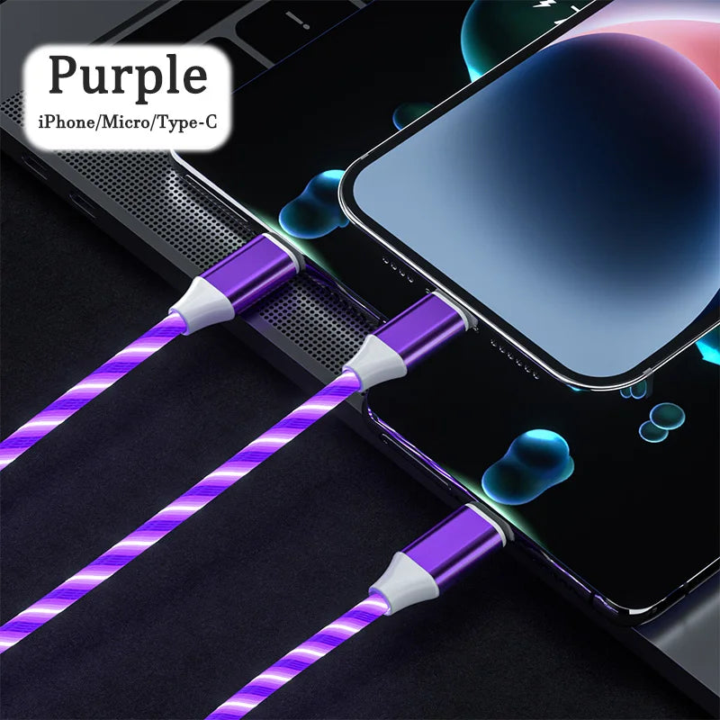 3 in 1 LED Light Glowing Charging Cable 3A Micro USB C Type C