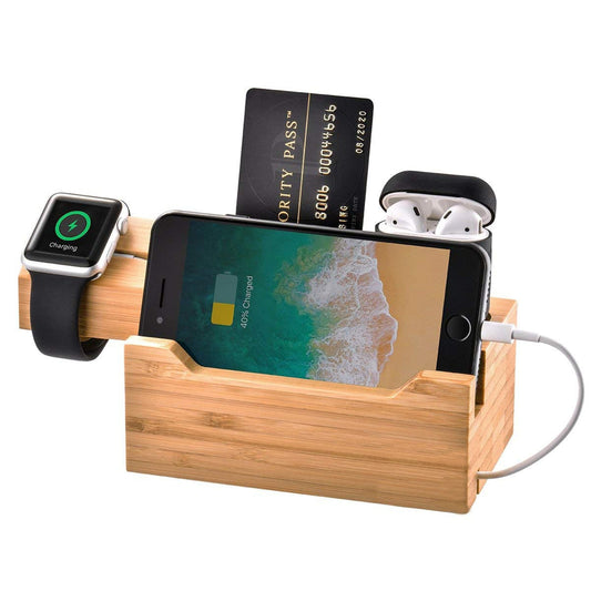 Trexonic 3-in-1 bamboo charging station for Apple Watch, iPhone, and AirPods with card holder feature.