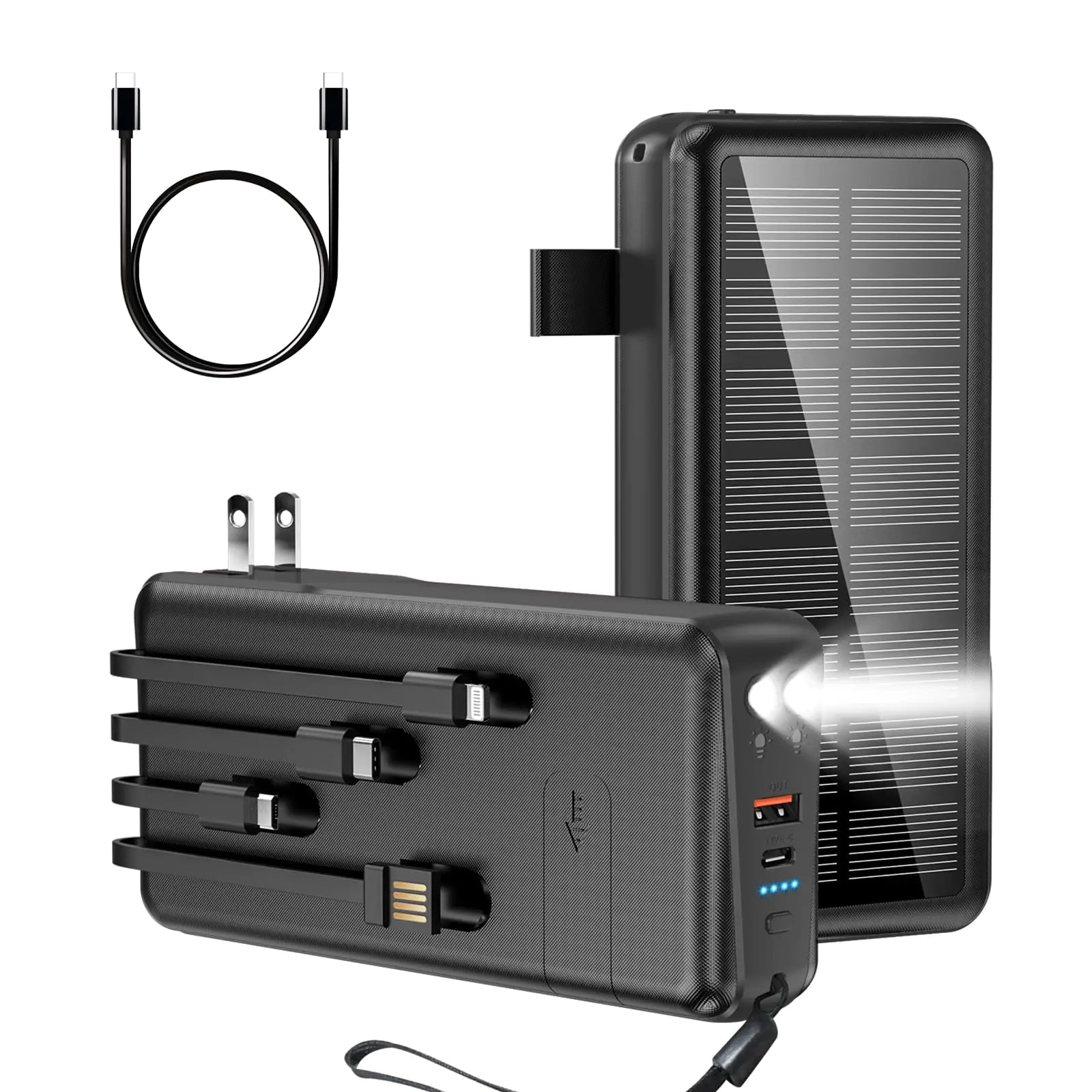 boogostore Portable Charger with Built in Cable and Wall Plug 50000mAh PD30W Fast Charging Solar Power Bank with 5 Output & 2 Input Dual LED Flashlights Phone Holder External Battery Pack (Black) PhoneFiestas