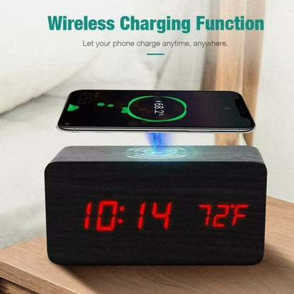 Wooden Digital Alarm Clock with Wireless Phone Charging Pad Yellow Pandora