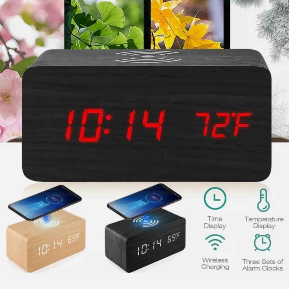 Wooden Digital Alarm Clock with Wireless Phone Charging Pad Yellow Pandora