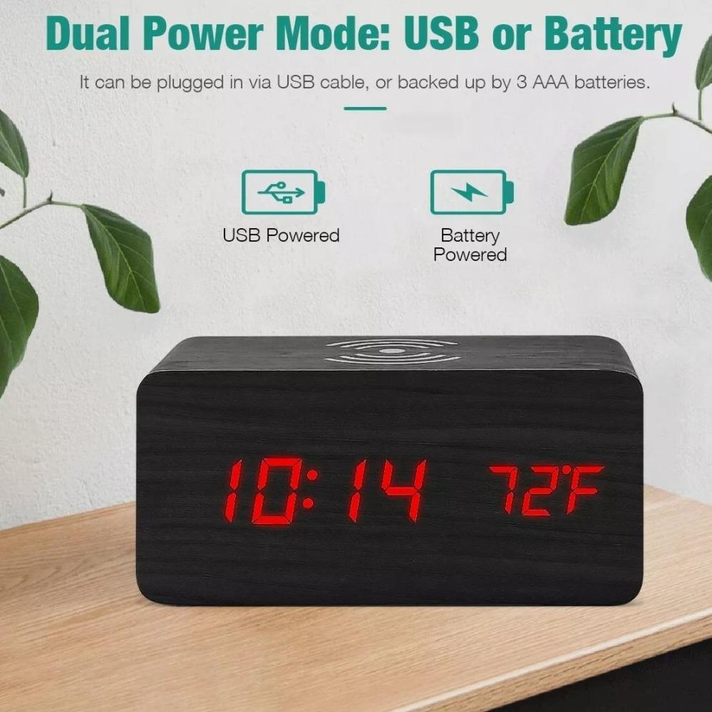 Wooden Digital Alarm Clock with Wireless Phone Charging Pad Yellow Pandora