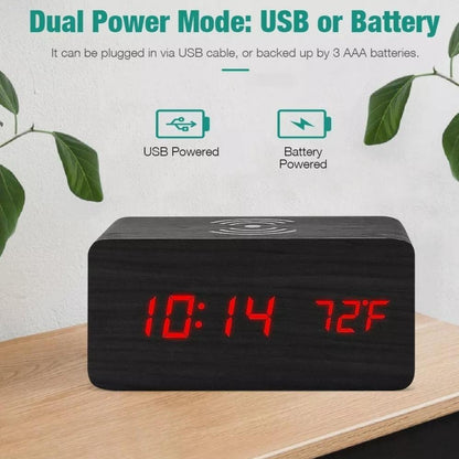Wooden Digital Alarm Clock with Wireless Phone Charging Pad Yellow Pandora