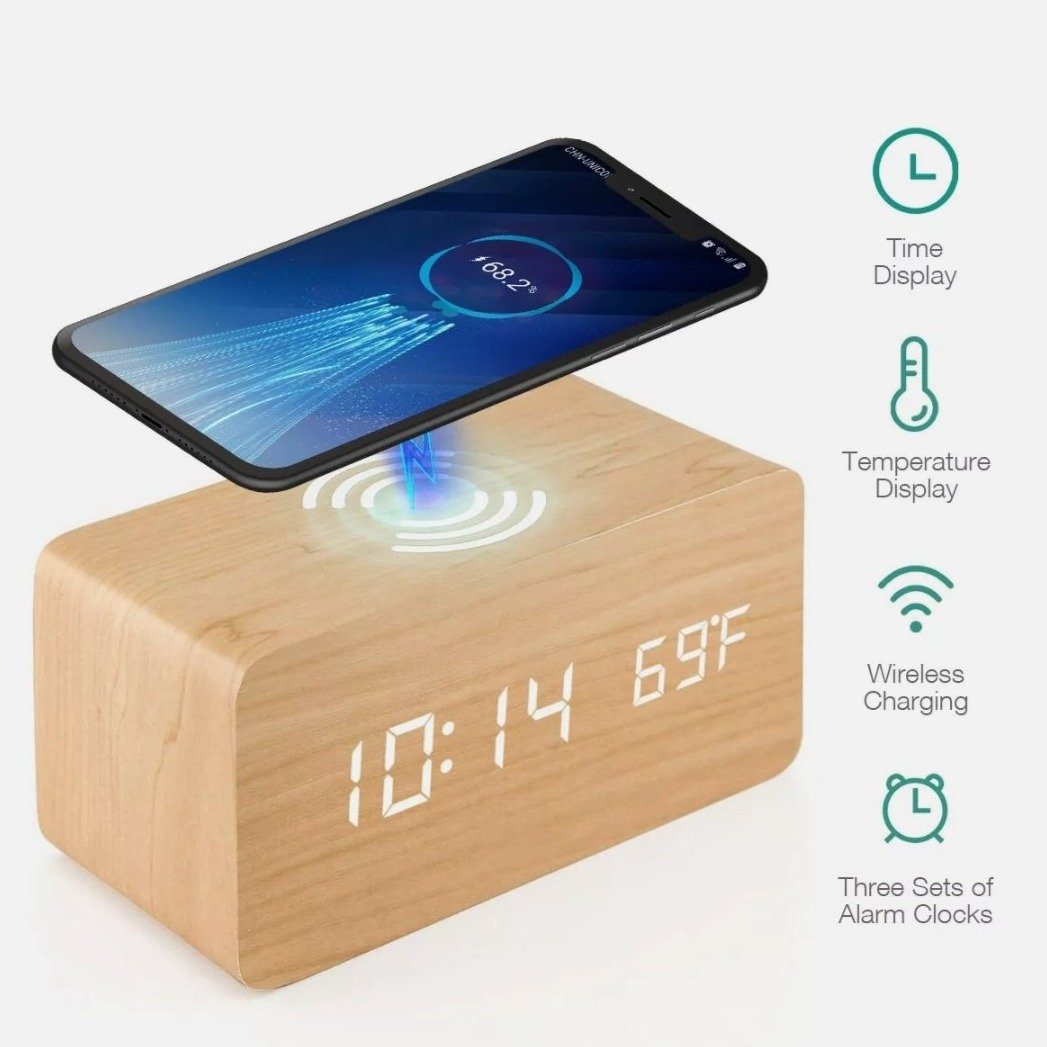 Wooden Digital Alarm Clock with Wireless Phone Charging Pad Yellow Pandora