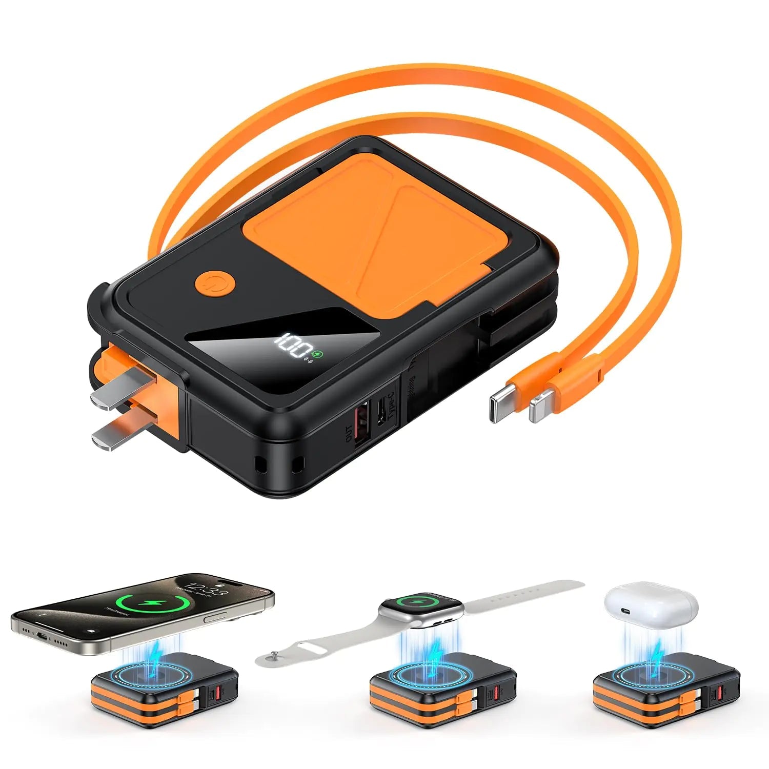 3-in-1 Magnetic Wireless Power Bank – 10000mAh Fast Charging with Built-in Cables & AC Plug PhoneFiestas