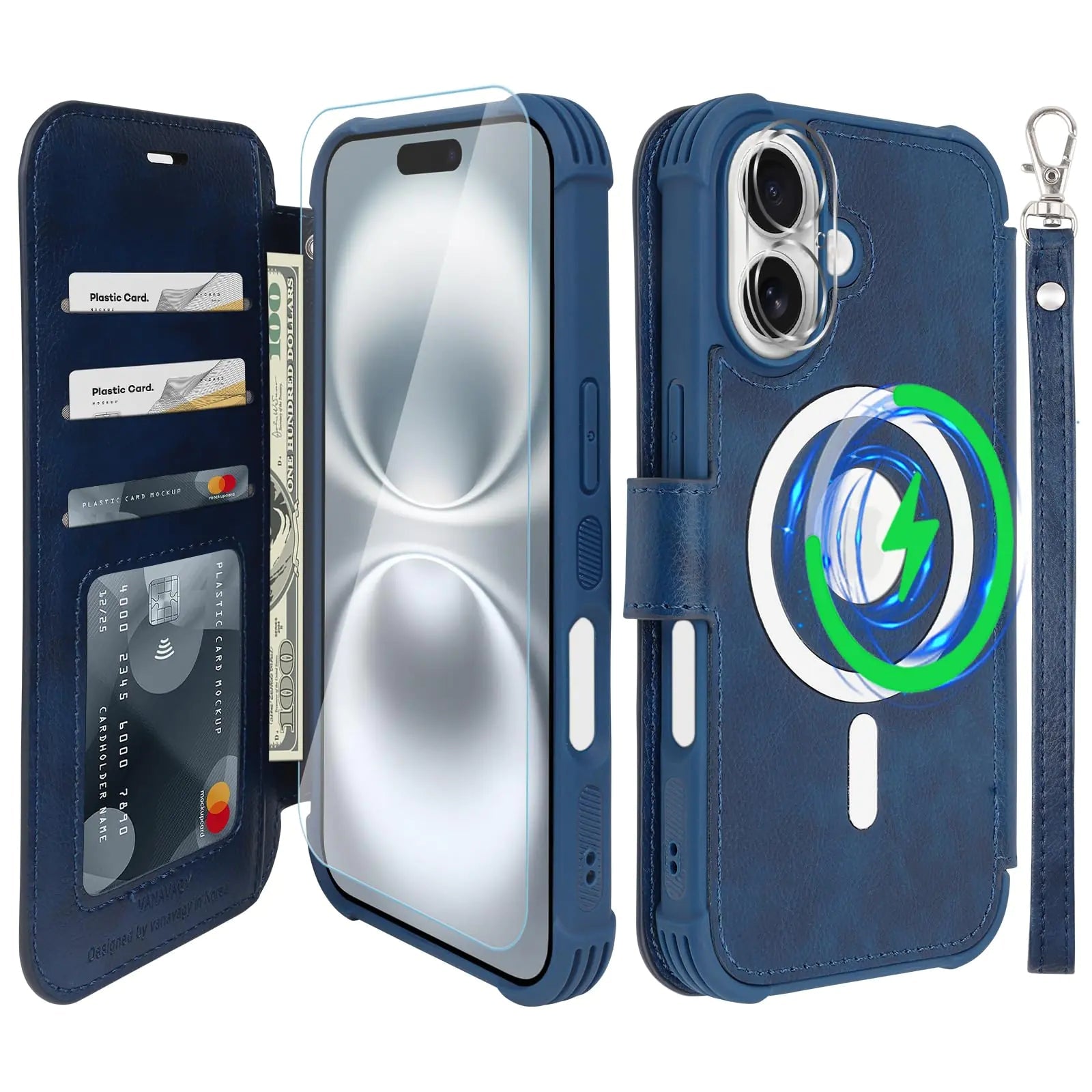 VANAVAGY Compatible for iPhone 16 Wallet Case for Magsafe Wireless ChargingLeather Flip Folio Wrist [Glass Screen Protectors & Camera Lens Protectors] with RFID Block Card HolderNavy Blue PhoneFiestas