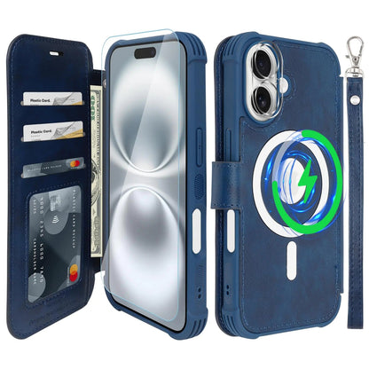VANAVAGY Compatible for iPhone 16 Wallet Case for Magsafe Wireless ChargingLeather Flip Folio Wrist [Glass Screen Protectors & Camera Lens Protectors] with RFID Block Card HolderNavy Blue PhoneFiestas