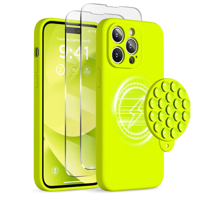 Magnetic for iPhone 14 Pro Max Case, Compatible with MagSafe, [Full Camera Protection][2 Screen Protectors], Suction Cup Phone Mount Silicone Shockproof Protective Phone Case 6.7", Stone PhoneFiestas