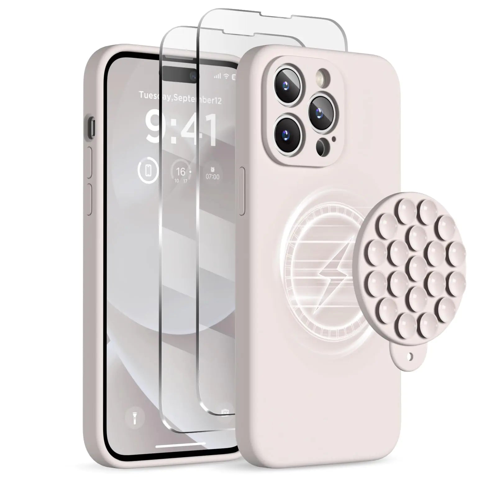 Magnetic for iPhone 14 Pro Max Case, Compatible with MagSafe, [Full Camera Protection][2 Screen Protectors], Suction Cup Phone Mount Silicone Shockproof Protective Phone Case 6.7", Stone PhoneFiestas
