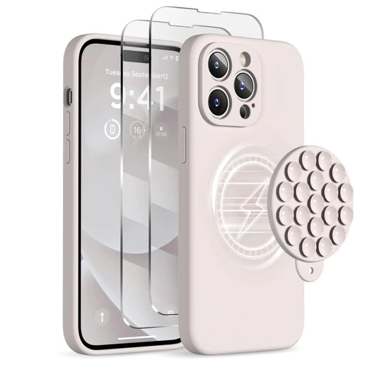 Magnetic for iPhone 14 Pro Max Case, Compatible with MagSafe, [Full Camera Protection][2 Screen Protectors], Suction Cup Phone Mount Silicone Shockproof Protective Phone Case 6.7", Stone PhoneFiestas