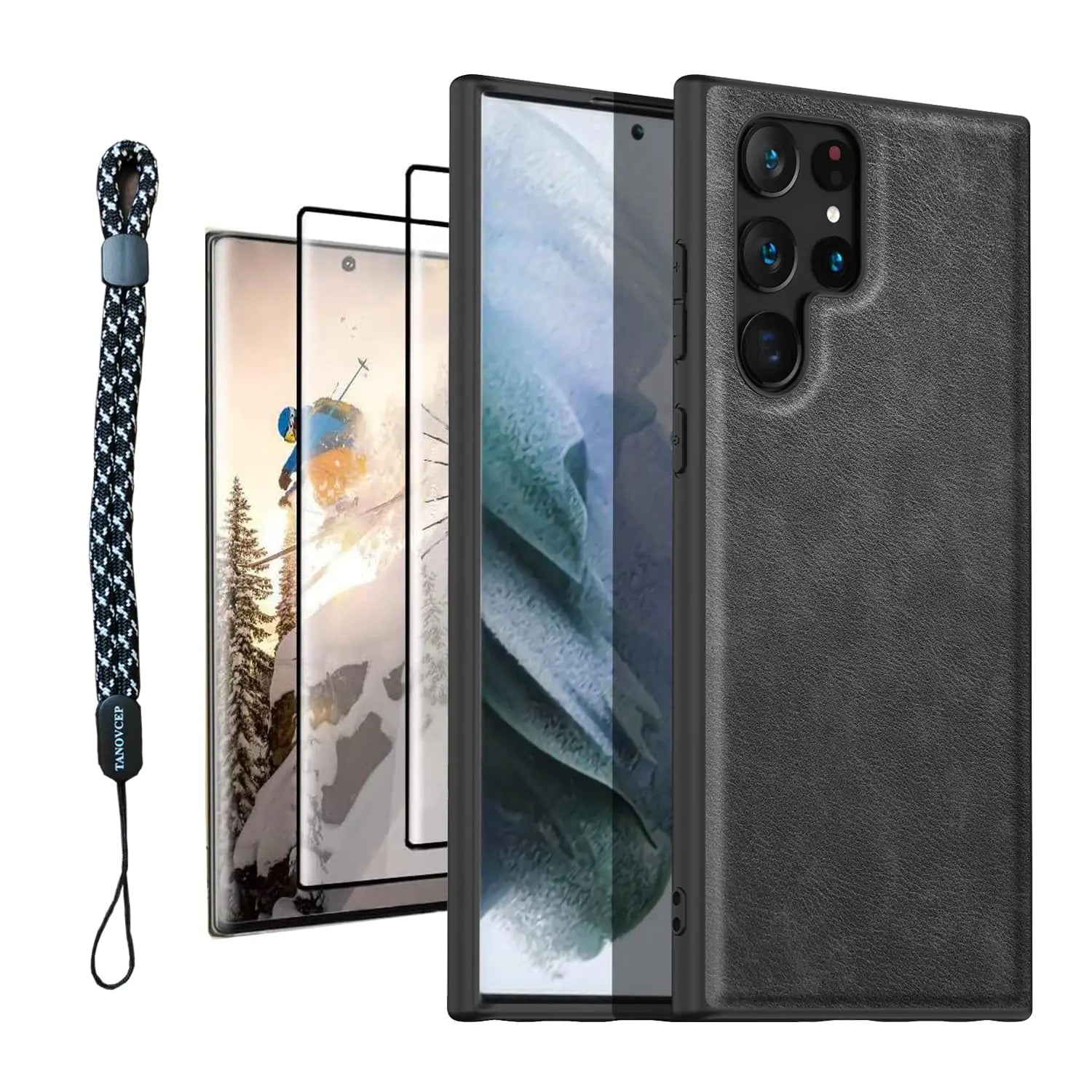 TANOVCEP Case for Samsung Galaxy S22 Ultra with Lanyard [4in1] 9H Tempered Glass Screen Protectors 2 Pack Premium PU Leather Flexible TPU Shockproof Cover for Galaxy S22 Ultra (Black) PhoneFiestas