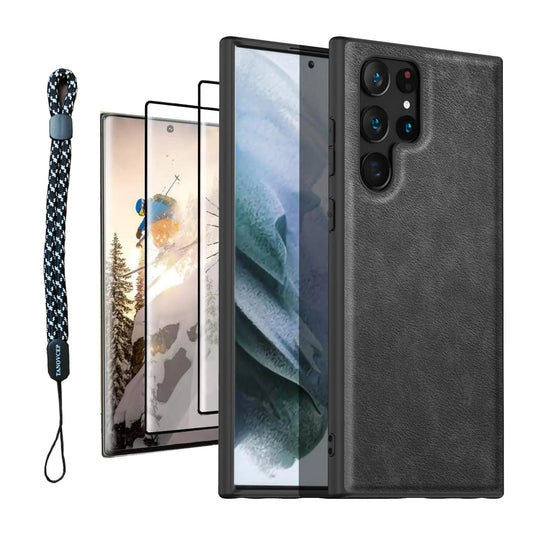TANOVCEP Case for Samsung Galaxy S22 Ultra with Lanyard [4in1] 9H Tempered Glass Screen Protectors 2 Pack Premium PU Leather Flexible TPU Shockproof Cover for Galaxy S22 Ultra (Black) PhoneFiestas