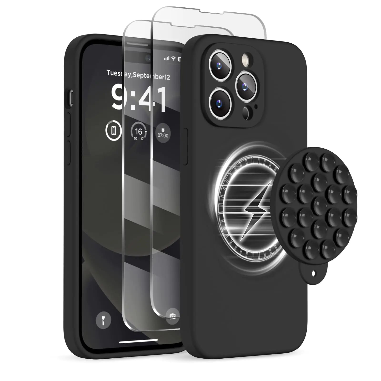Magnetic for iPhone 14 Pro Max Case, Compatible with MagSafe, [Full Camera Protection][2 Screen Protectors], Suction Cup Phone Mount Silicone Shockproof Protective Phone Case 6.7", Stone PhoneFiestas
