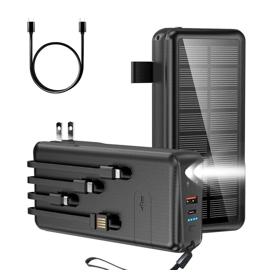 boogostore Portable Charger with Built in Cable and Wall Plug 50000mAh PD30W Fast Charging Solar Power Bank with 5 Output & 2 Input Dual LED Flashlights Phone Holder External Battery Pack (Black) PhoneFiestas