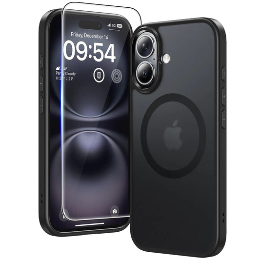 TAURI 3 in 1 for iPhone 16 Case [Compatible with Magsafe] with 2X Screen Protectors Shockproof Slim Translucent Matte Magnetic Phone Case for iPhone 16 6.1" Matte Black PhoneFiestas
